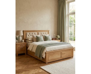Postel z celomasivu dub Porto14-140 x 200 s úložným prostorem a čalouněným čelem