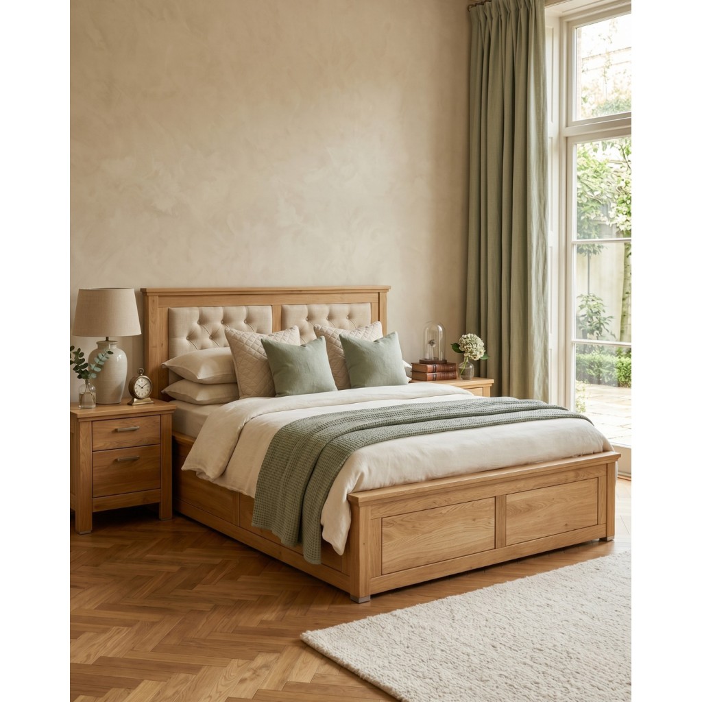 Postel z celomasivu dub Porto14-140 x 200 s úložným prostorem a čalouněným čelem