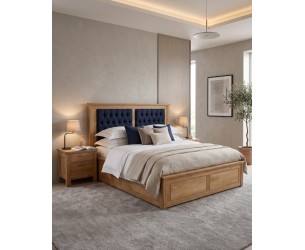 Postel z celomasivu dub Porto14-140 x 200 s úložným prostorem a čalouněným čelem