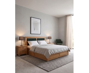 Postel z celomasivu dub Porto14-140 x 200 s úložným prostorem a čalouněným čelem